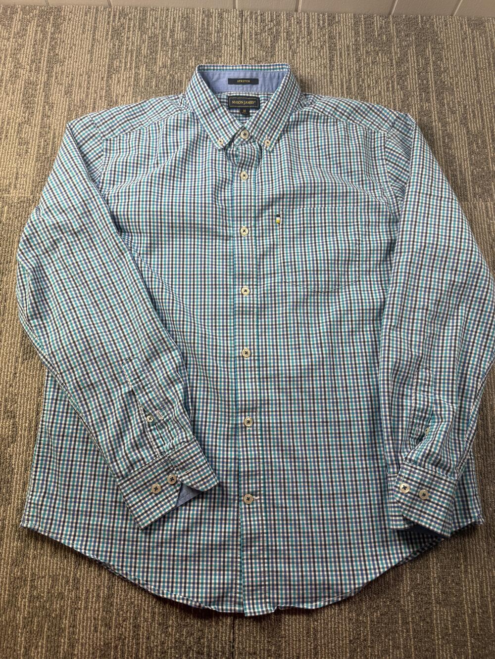 Mason James Shirt Mens Medium Blue Check Long Sleeve Button Down Stretch Casual